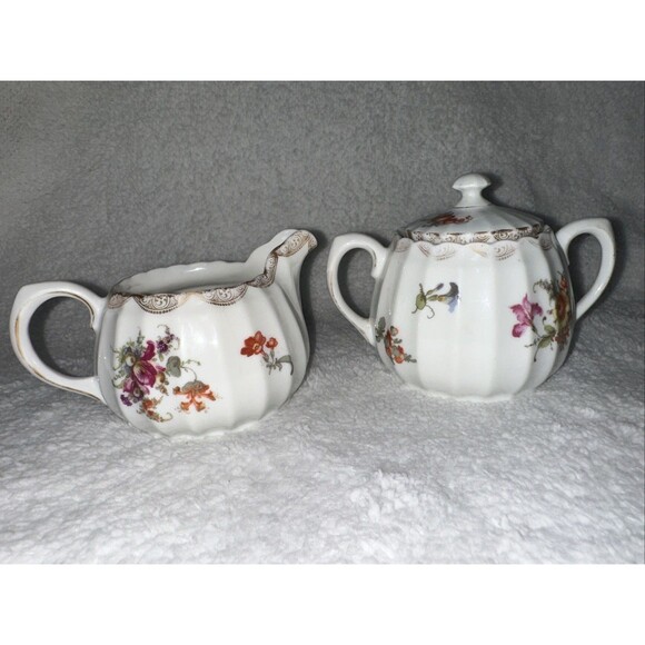 Sugar Bowl W/ Lid And Creamer Set FloralGold Arcs On Rim 2188 by Wurttemberg - Picture 1 of 11